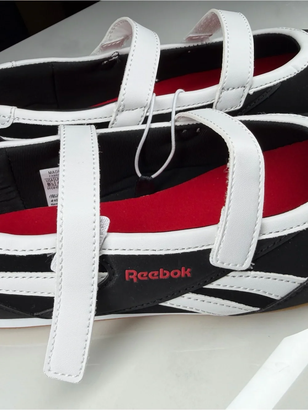 Reebok White and Black Mary-Jane Sneakers with Red Insole Accents
